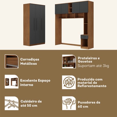 Guarda-Roupa Casal Modulado Lugano 7 Portas 3 Gavetas Nogal/Grafite - Hecol Móveis