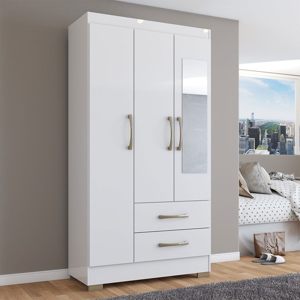 Guarda-Roupa Solteiro Florença 3 Portas 2 Gavetas com Espelho Branco - Pnr Móveis