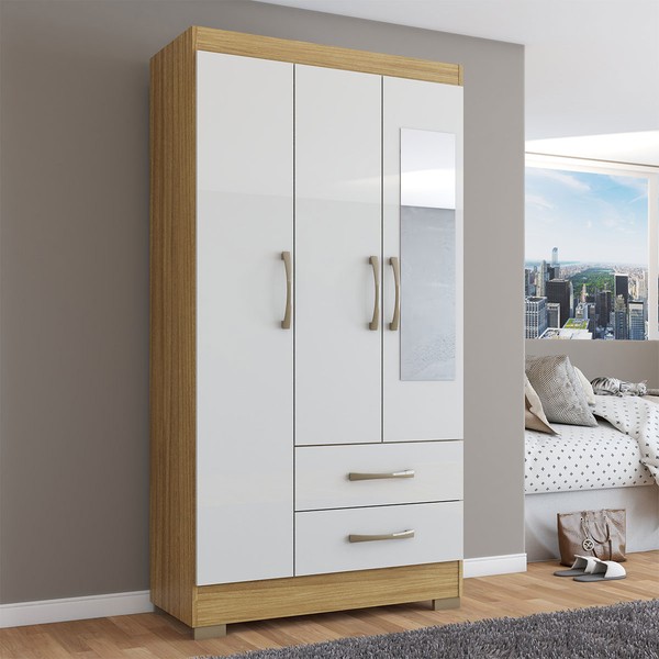 Guarda-Roupa Solteiro Florença 3 Portas 2 Gavetas com Espelho Rústico/Off White - Pnr Móveis