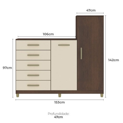 Cômoda Chicago 2 Portas 5 Gavetas Rustico/Champagne - Fellicci