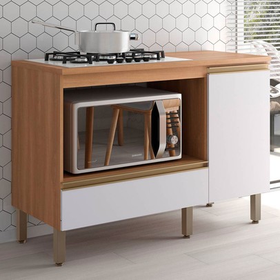 Balcão de Cozinha para Cooktop Macadâmia 1 Porta 1 Gaveta Freijó/Branco - Telasul