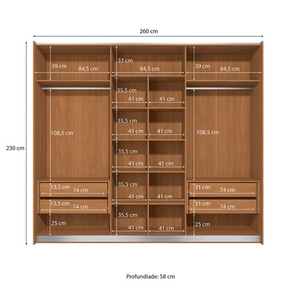 Guarda-Roupa Casal Castelar 3 Portas 4 Gavetas Canela - Kappesberg