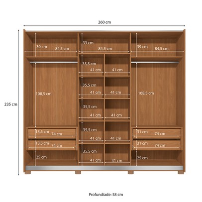 Guarda-Roupa Casal Eloy 3 Portas 4 Gavetas com Espelho Canela/Grafite - Kappesberg