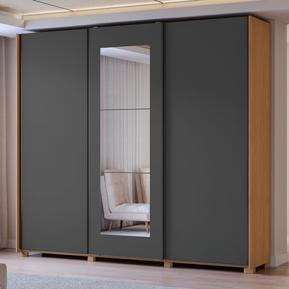 Guarda-Roupa Casal Eloy 3 Portas 4 Gavetas com Espelho Canela/Grafite - Kappesberg