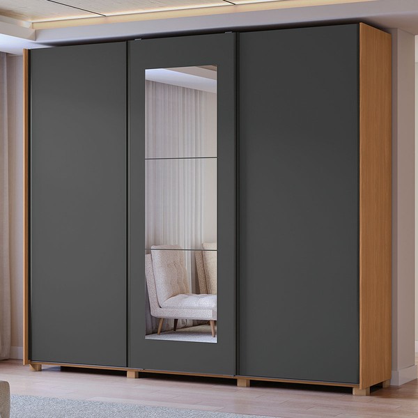 Guarda-Roupa Casal Eloy 3 Portas 4 Gavetas com Espelho Canela/Grafite - Kappesberg