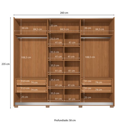 Guarda-Roupa Casal Eloy 3 Portas 4 Gavetas com Espelho Canela - Kappesberg