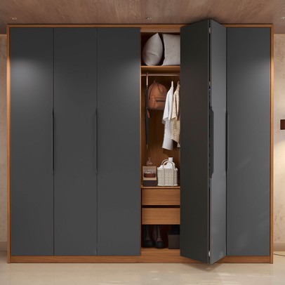 Guarda-Roupa Casal Velasco 6 Portas 4 Gavetas Canela/Grafite - Kappesberg