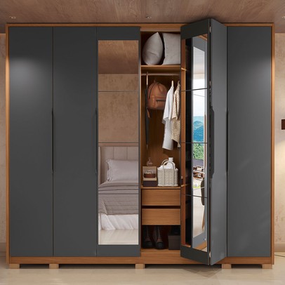 Guarda-Roupa Casal Vernet 6 Portas 4 Gavetas com Espelho Canela/Grafite - Kappesberg