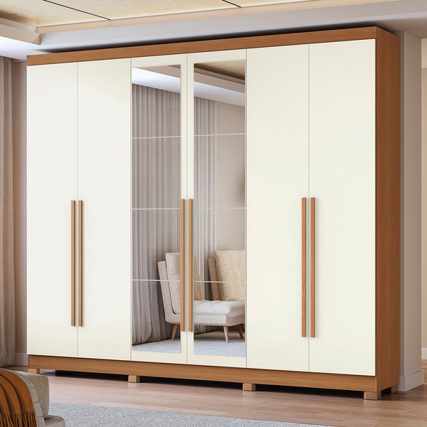 Guarda-Roupa Casal Girard 6 Portas 3 Gavetas com Espelho Canela/Off White - Kappesberg