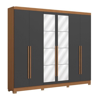 Guarda-Roupa Casal Girard  6 Portas 3 Gavetas com Espelho Canela/Grafite - Kappesberg