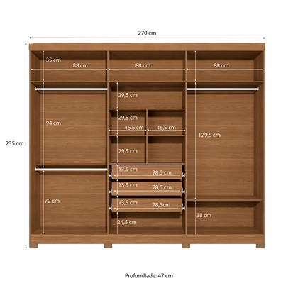Guarda-Roupa Casal Girard  6 Portas 3 Gavetas com Espelho Canela/Grafite - Kappesberg