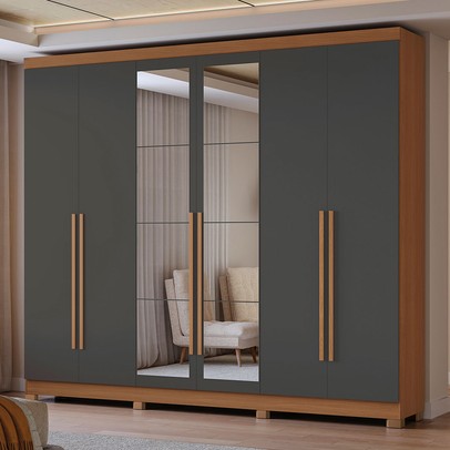 Guarda-Roupa Casal Girard  6 Portas 3 Gavetas com Espelho Canela/Grafite - Kappesberg