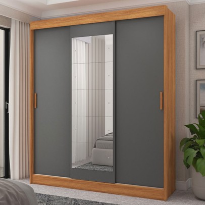 Guarda-Roupa Casal Capri 3 Portas 4 Gavetas com Espelho Flex Cinamomo/Grafite/Off White - Fellicci