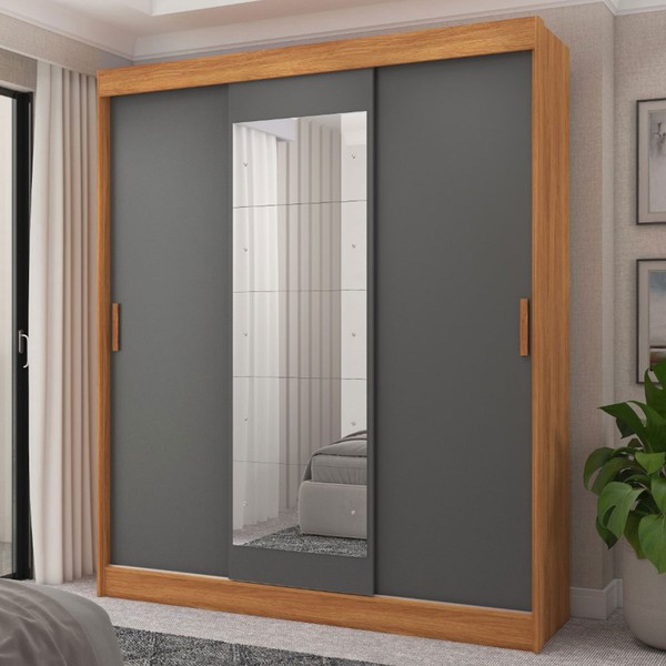 Guarda-Roupa Casal Capri 3 Portas 4 Gavetas com Espelho Flex Cinamomo/Grafite/Off White - Fellicci