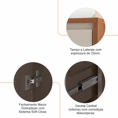 Balcão Buffet Meia-Praia 3 Portas 1 Gaveta Hannover/Fendi - Pnr Móveis