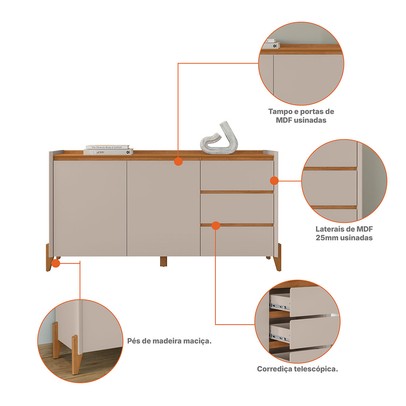 Balcão Buffet Cervionne 3 Gavetas 2 Portas Cedro/Off White - Pnr Móveis