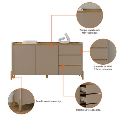 Balcão Buffet Cervionne 3 Gavetas 2 Portas Hannover/Fendi - Pnr Móveis