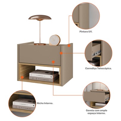 Mesa de Cabeceira Autentic 1 Gaveta Fendi/Hannover - Pnr Móveis