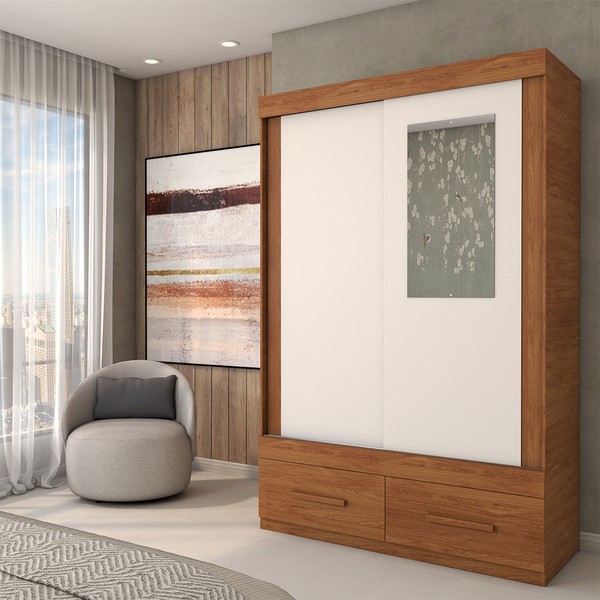 Guarda-Roupa Solteiro Trevor 2 Portas 2 Gavetas com Espelho Freijo/Off White - Panorama Móveis