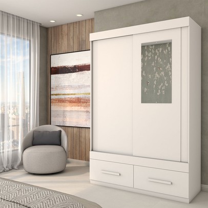 Guarda-Roupa Solteiro Trevor 2 Portas 2 Gavetas com Espelho Branco - Panorama Móveis