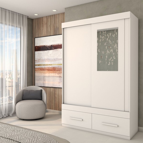 Guarda-Roupa Solteiro Trevor 2 Portas 2 Gavetas com Espelho Branco - Panorama Móveis