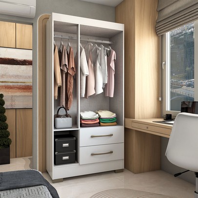 Guarda-Roupa Solteiro Florença 3 Portas 2 Gavetas com Espelho Branco - Panorama Móveis