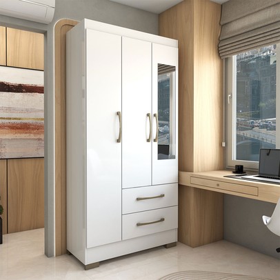 Guarda-Roupa Solteiro Florença 3 Portas 2 Gavetas com Espelho Branco - Panorama Móveis