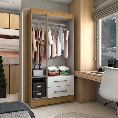 Guarda-Roupa Solteiro Florença 3 Portas 2 Gavetas com Espelho Marrocos/Off White - Panorama Móveis