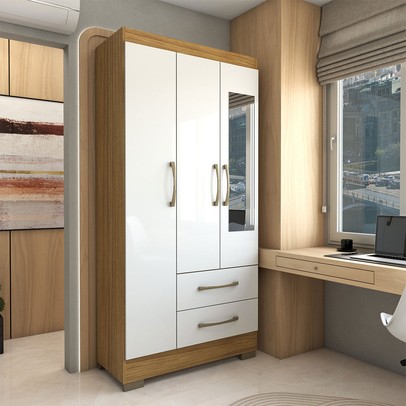 Guarda-Roupa Solteiro Florença 3 Portas 2 Gavetas com Espelho Marrocos/Off White - Panorama Móveis