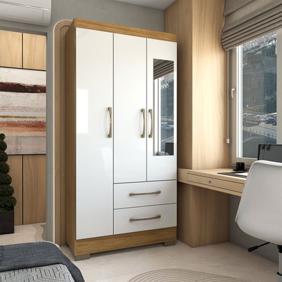 Guarda-Roupa Solteiro Florença 3 Portas 2 Gavetas com Espelho Marrocos/Off White - Panorama Móveis