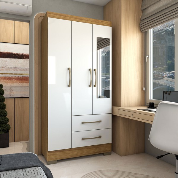 Guarda-Roupa Solteiro Florença 3 Portas 2 Gavetas com Espelho Marrocos/Off White - Panorama Móveis