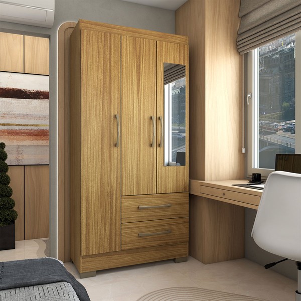 Guarda-Roupa Solteiro Florença 3 Portas 2 Gavetas com Espelho Marrocos - Panorama Móveis