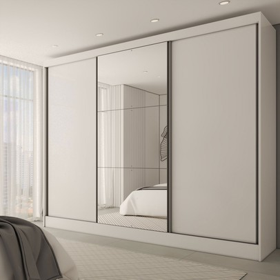 Guarda-Roupa Casal Europa 3 Portas 4 Gavetas 100% Mdf com Espelho Branco - Panorama Móveis