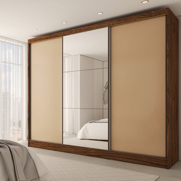 Guarda-Roupa Casal Europa 3 Portas 4 Gavetas 100% Mdf com Espelho Castanho/Nude - Panorama Móveis