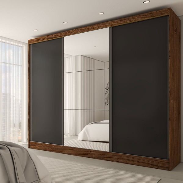 Guarda-Roupa Casal Europa 3 Portas 4 Gavetas 100% Mdf com Espelho Castanho/Preto - Panorama Móveis