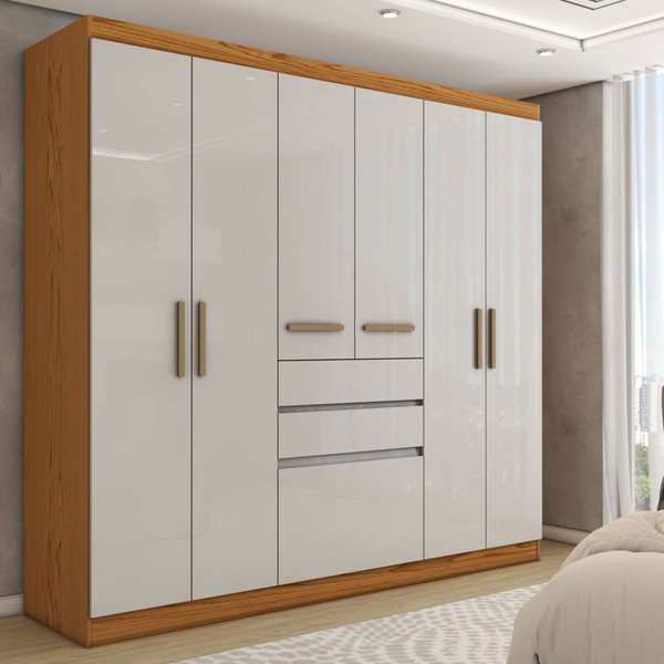 Guarda-Roupa Solteiro Naturale 6 Portas 3 Gavetas Freijó/Off White Laca - Panorama Móveis