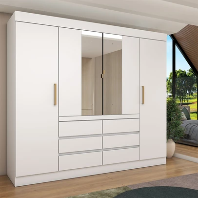 Guarda-Roupa Casal Luxúria 4 Portas 6 Gavetas com Espelho Branco - Panorama Móveis