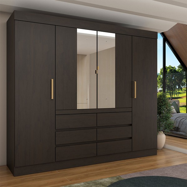 Guarda-Roupa Casal Luxúria 4 Portas 6 Gavetas com Espelho Ebano - Panorama Móveis