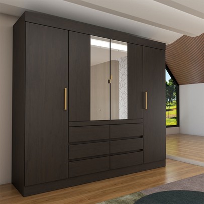 Guarda-Roupa Casal Luxúria 4 Portas 6 Gavetas com Espelho Ebano - Panorama Móveis