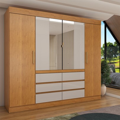 Guarda-Roupa Casal Luxúria 4 Portas 6 Gavetas com Espelho Cinamomo/Off White - Panorama Móveis
