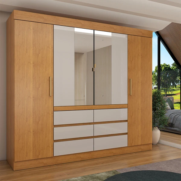 Guarda-Roupa Casal Luxúria 4 Portas 6 Gavetas com Espelho Cinamomo/Off White - Panorama Móveis