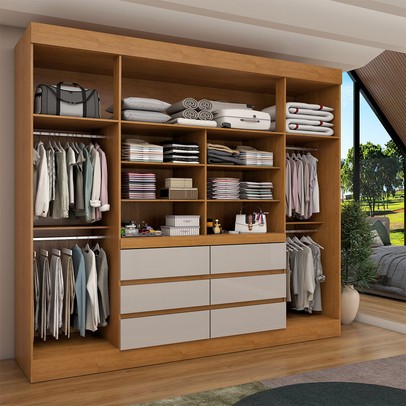 Guarda-Roupa Casal Luxúria 4 Portas 6 Gavetas com Espelho Cinamomo/Off White - Panorama Móveis