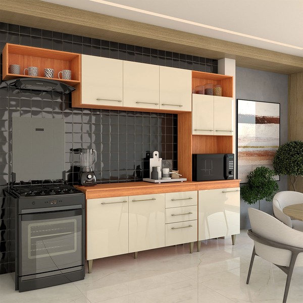 Armário de Cozinha Vanessa 9 Portas 2 Gavetas Cinamomo/Off White - Panorama Móveis