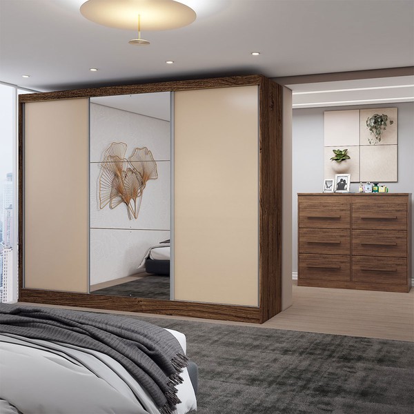 Guarda-Roupa Casal Europa 3 Portas 10 Gavetas 100% Mdf com Espelho Castanho/Nude - Panorama Móveis