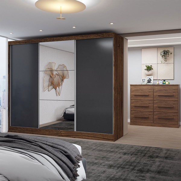 Guarda-Roupa Casal Europa 3 Portas 10 Gavetas 100% Mdf com Espelho Castanho/Preto - Panorama Móveis