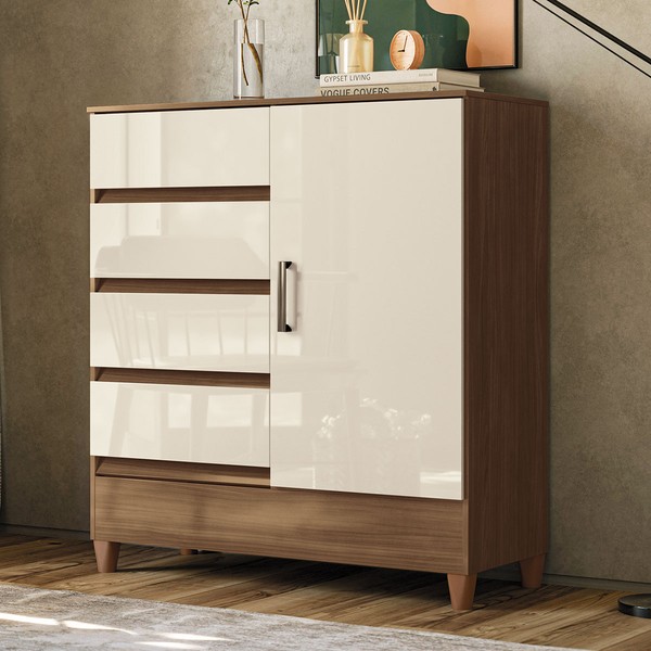 Cômoda Fit 1 Porta 4 Gavetas Jequitiba/Off White - Santos Andirá