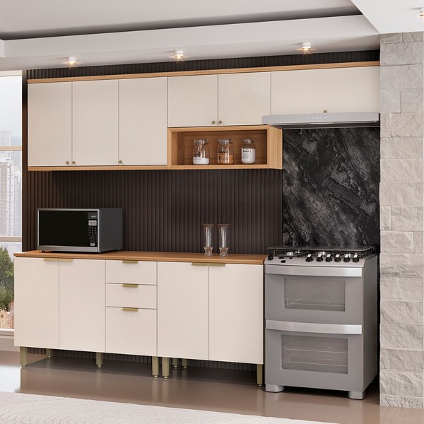 Cozinha Completa Selene 11 Portas 2 Gavetas Jequitibá/Off White Fosco - Linea Brasil