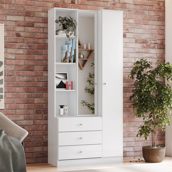 Guarda-Roupa Solteiro Creta 2 Portas 3 Gavetas com Espelho Branco - Pnr Móveis