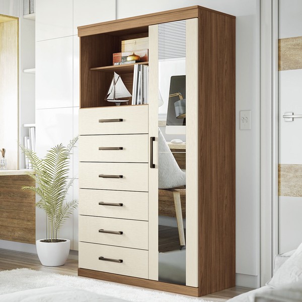 Cômoda Califórnia 1 Porta 6 Gavetas Jatoba/Areia - Pnr Móveis