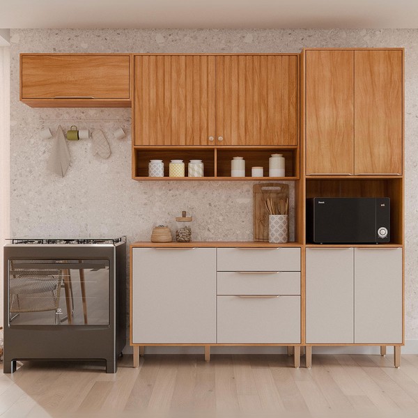 Cozinha Completa Helena 9 Portas 2 Gavetas Ripado Cinamomo/Off White - Pnr Móveis